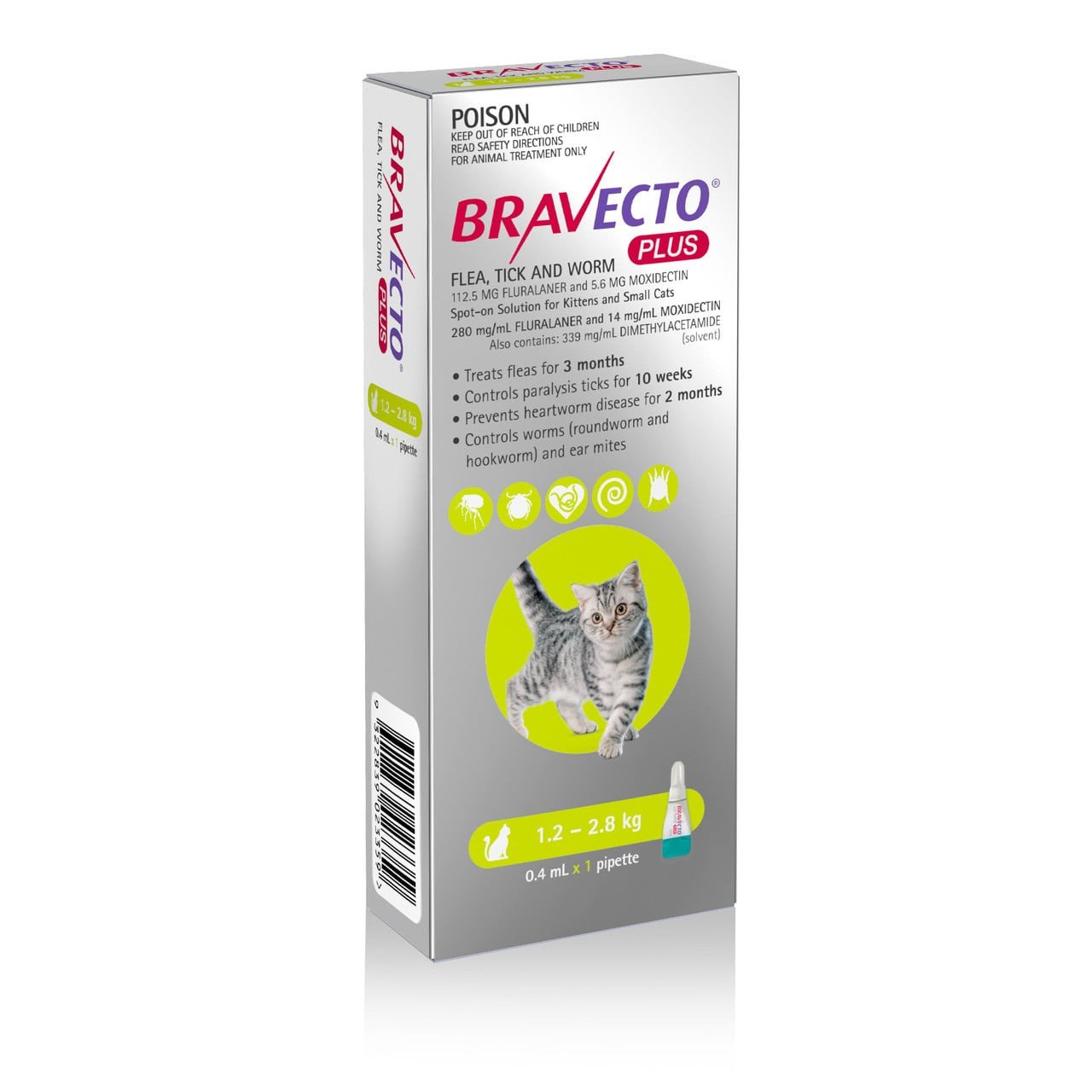 Bravecto PLUS Spot On for Cats 1.2-2.8 kg - Green, flea and tick treatment, lasts 3 months.