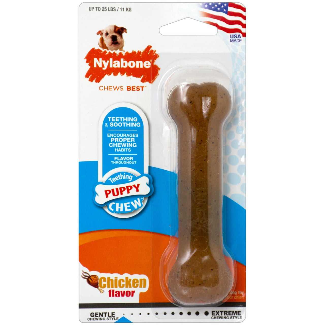 Nylabone Puppy Chew Bone, chicken flavor, promotes healthy chewing habits for teething puppies.