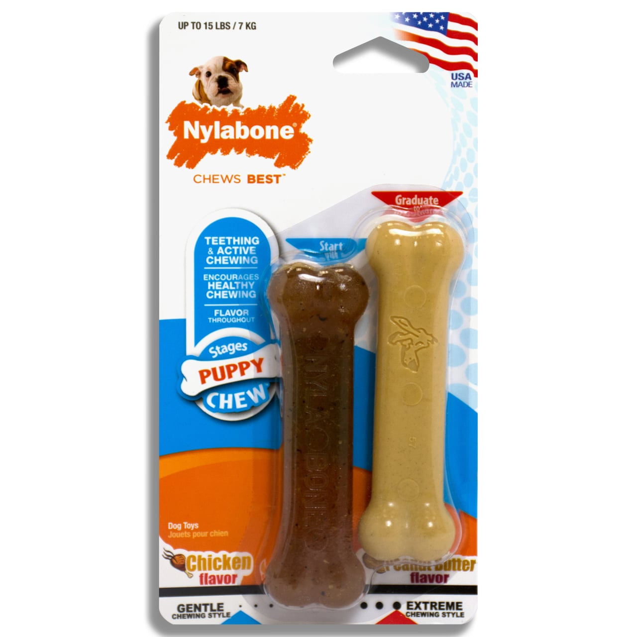 Nylabone Puppy Chew Twin Pack with peanut butter and chicken flavor bones for teething puppies.