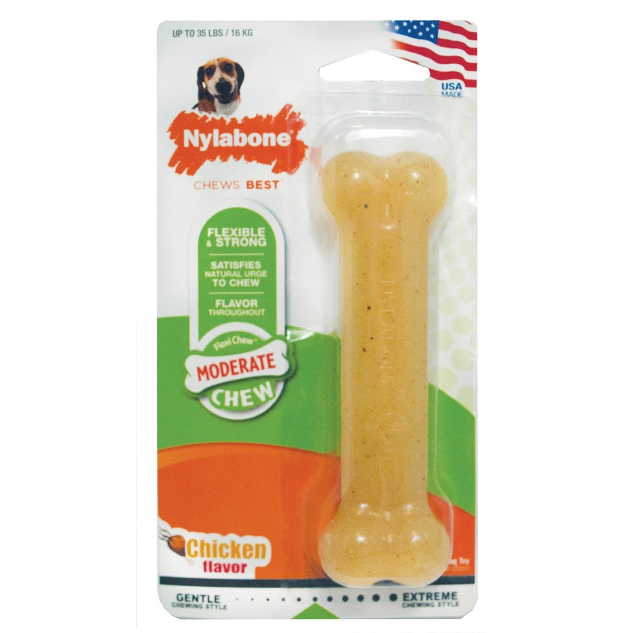 Nylabone Moderate Chew Toy in chicken flavor, ideal for dogs weighing up to 35 lbs. Durable and satisfying for chewing.