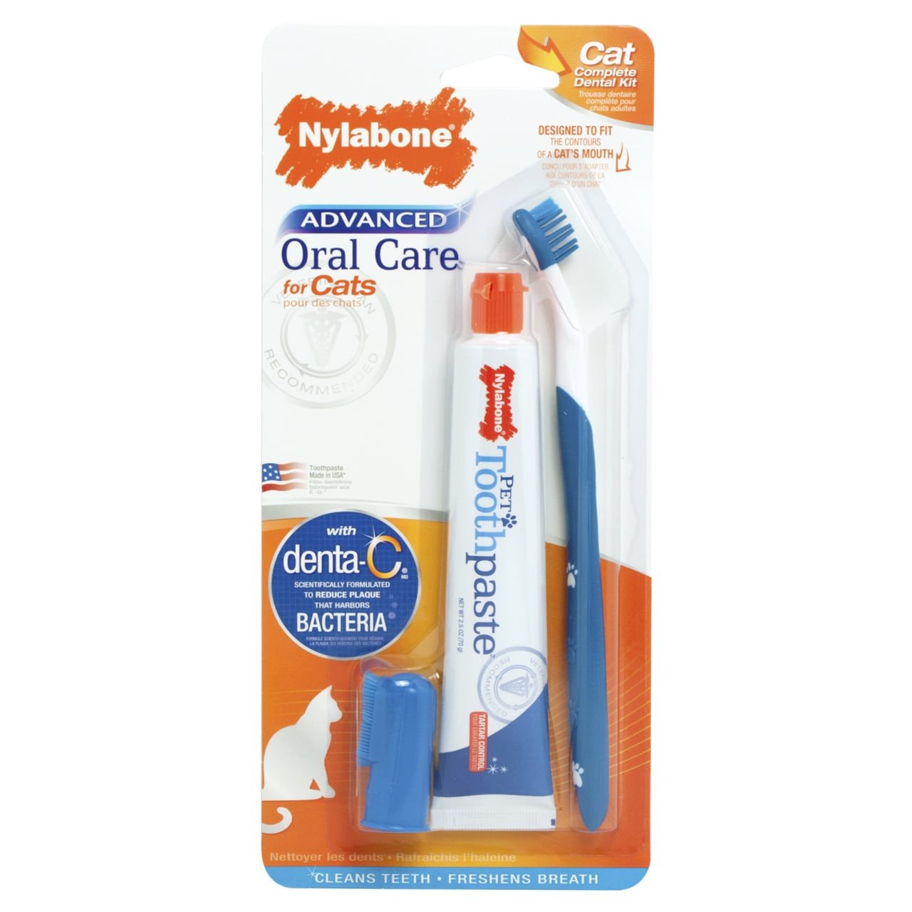 Nylabone Advanced Oral Care Cat Dental Kit with toothbrush, toothpaste, and comb for dental hygiene.