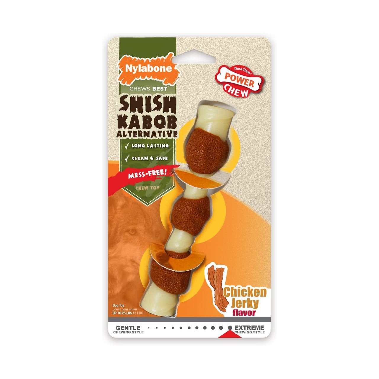 Nylabone Shish Kabob Power Chew toy, chicken jerky flavor, mess-free, long-lasting, perfect for aggressive chewers.