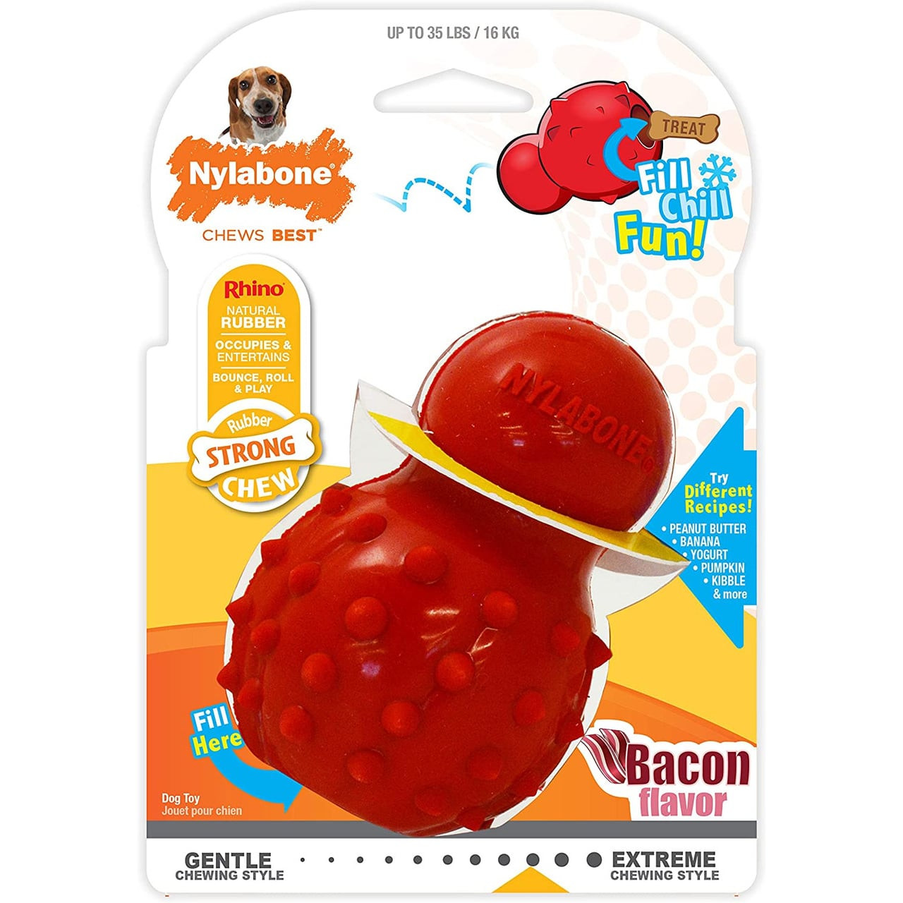 Nylabone Busy-Time Stuffable Dog Chew Toy in red, designed for strong chewers with a bacon flavor.