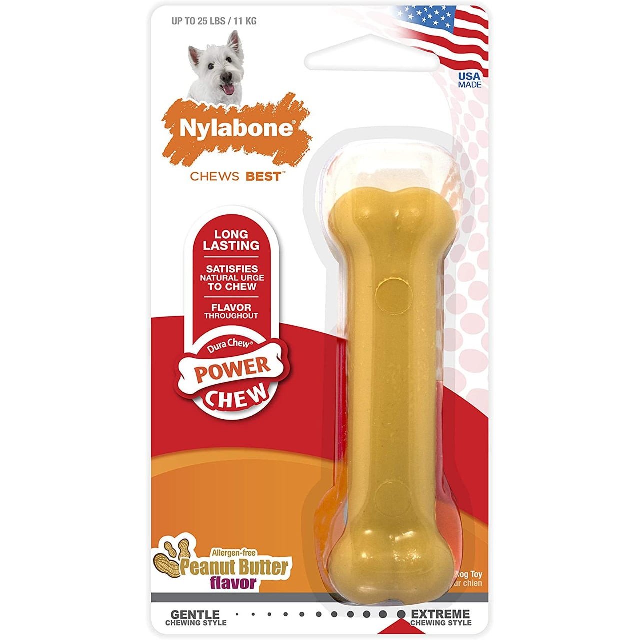 Nylabone Peanut Butter Power Chew toy for durable dog chewing, satisfies natural urge to chew. USA made.