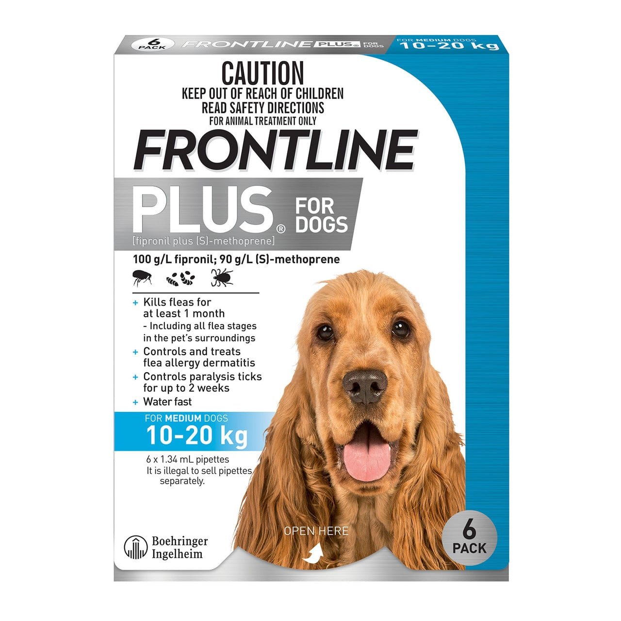 Frontline Plus for Medium Dogs 10-20kg: flea and tick treatment, 6 pipettes, effective for all life stages.