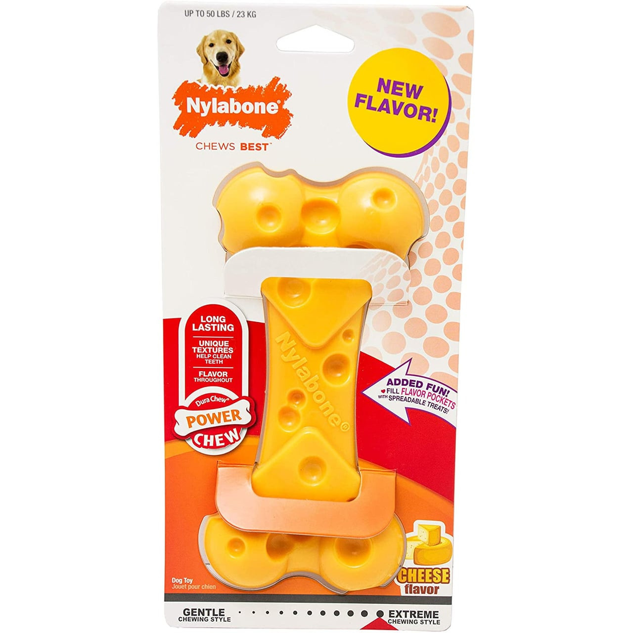 Nylabone DuraChew Giant Cheese Bone for dogs, long-lasting chew toy in vibrant yellow.