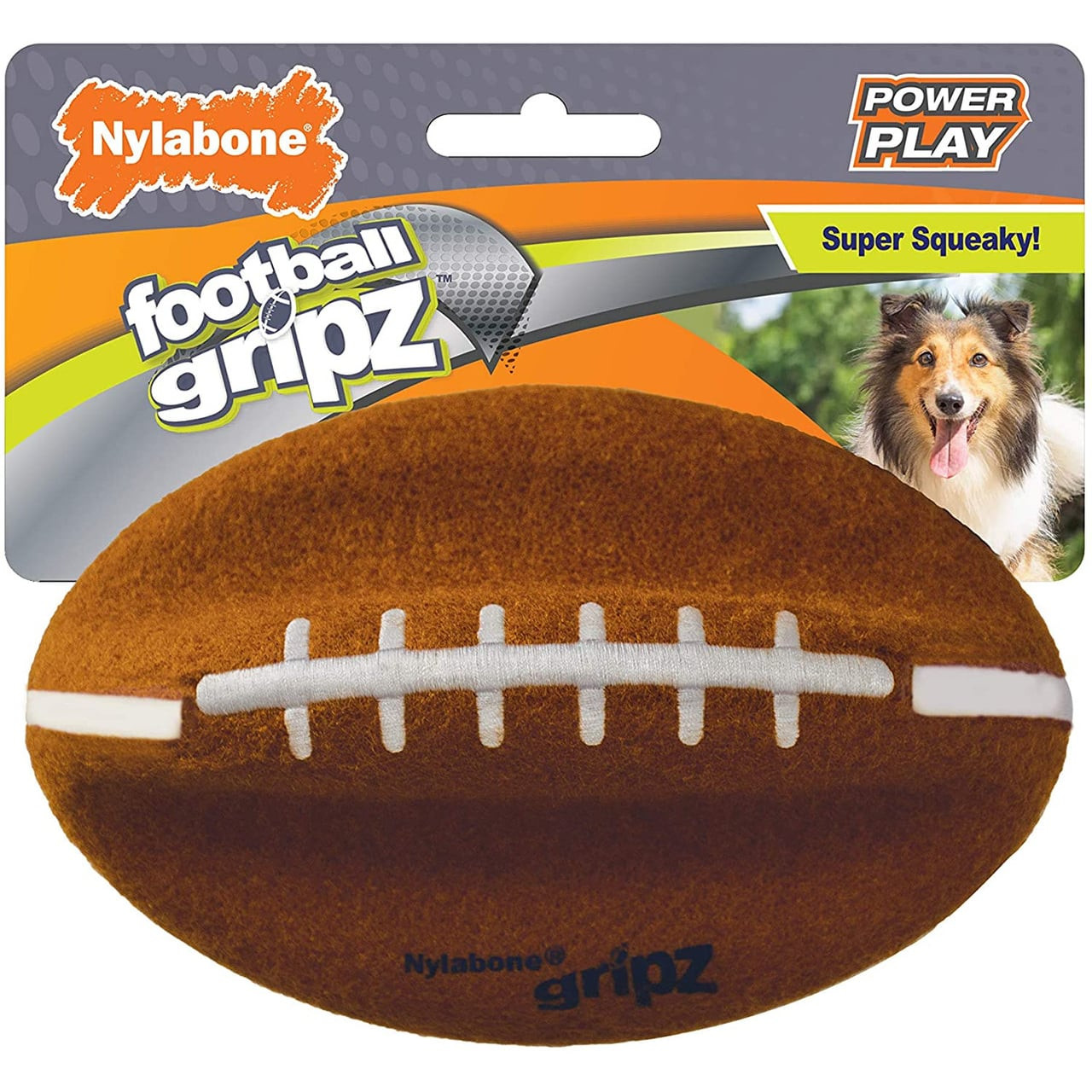 Nylabone Power Play Dog Football Gripz 14cm, squeaky toy for fun playtime with dogs.