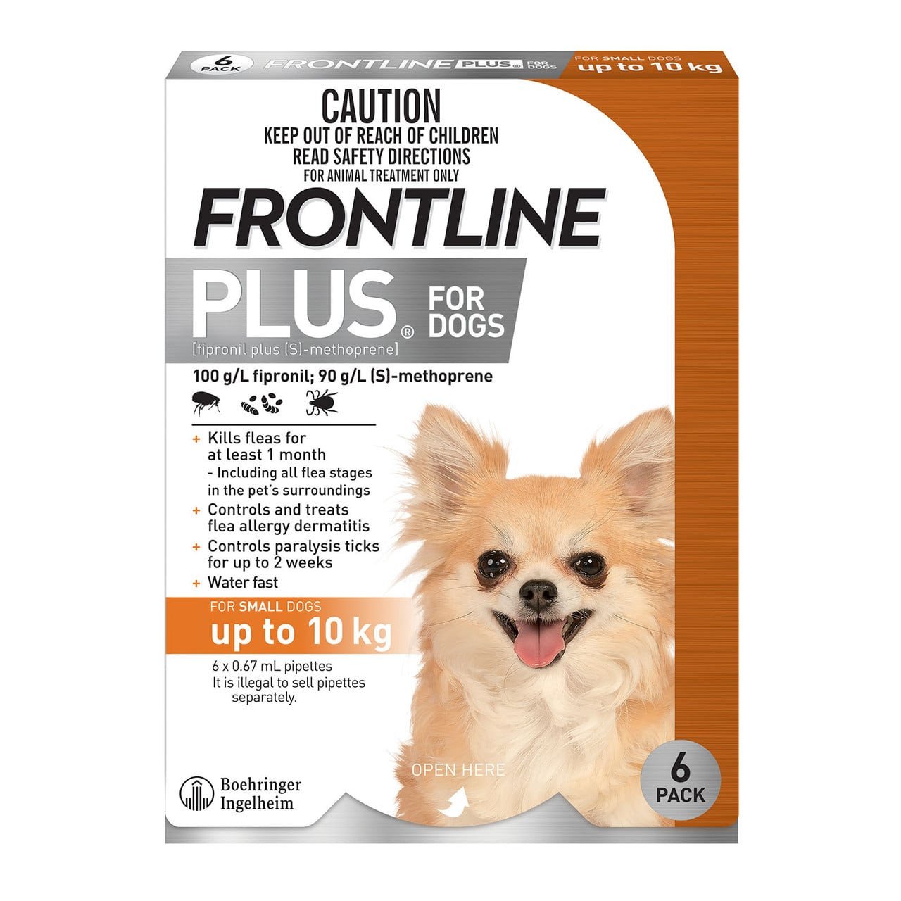 Frontline Plus for Small Dogs up to 10kg - effective flea and tick treatment in a 6-pack.