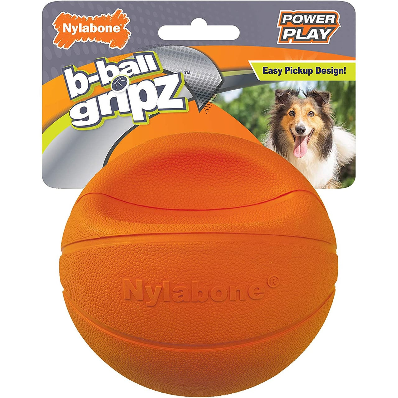 Nylabone Power Play B-Ball Gripz dog toy basketball, 12cm, designed for easy pickup and durable play.