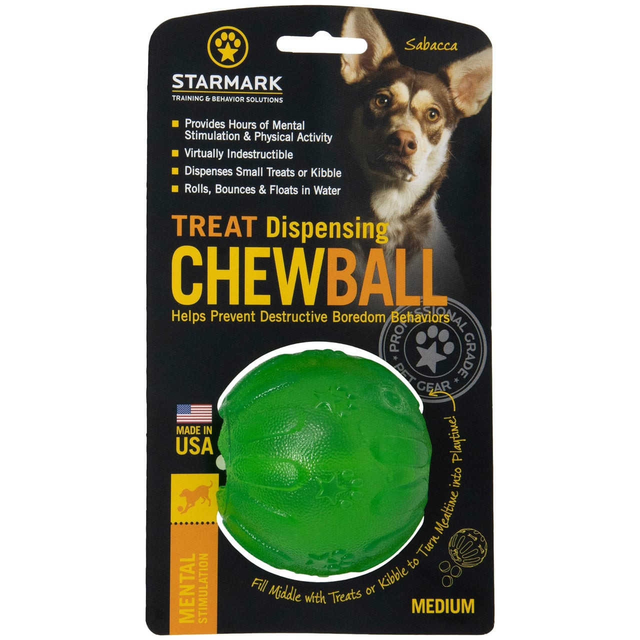 Starmark Treat Dispensing Chew Ball for dogs, medium size, ideal for mental stimulation and tough play.