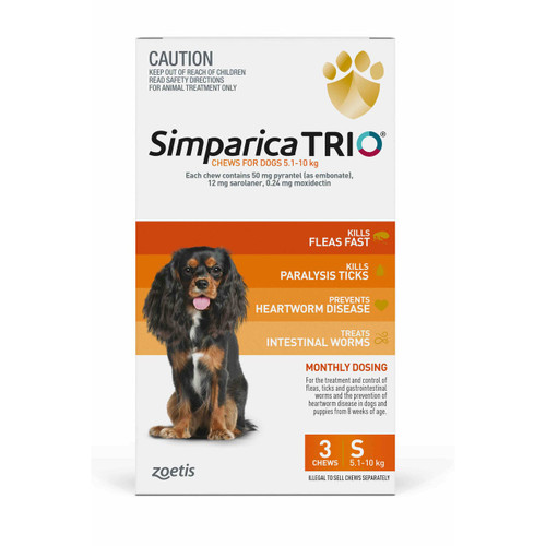 Simparica TRIO Chews for Dogs 5.1-10 kg - Orange packaging for flea, tick, and heartworm prevention.
