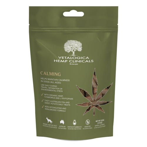 Vetalogica Hemp Clinicals Calming Treats for Dogs 225g - natural calming formula for stress relief.