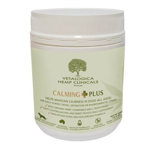 Vetalogica Hemp Clinicals Calming Plus Vitamins for Dogs, 300g - promotes calmness and reduces stress in dogs.