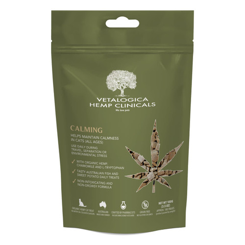 Vetalogica Hemp Clinicals Calming Treats for Cats 100g – promotes calmness and reduces stress in cats of all ages.