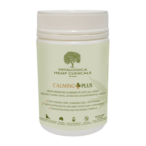 Vetalogica Hemp Clinicals Calming Plus Supplements for Cats - 100g for stress relief and calmness in all cats.