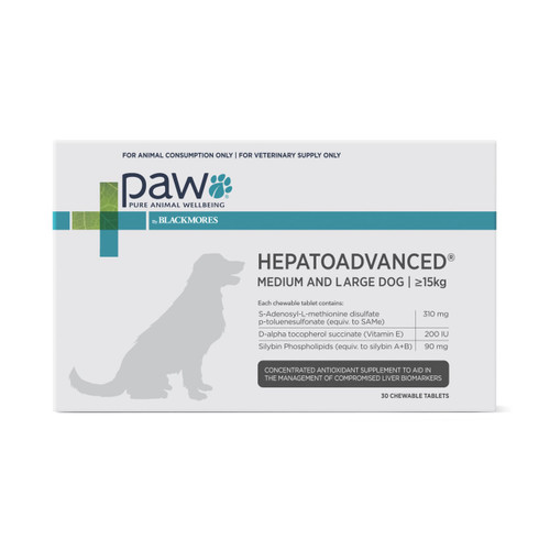PAW by Blackmores Hepatoadvanced for medium/large dogs, 30 chewable tablets, supports liver health.