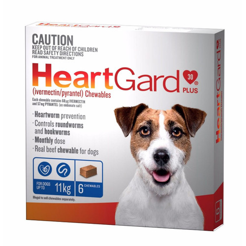 Heartgard Plus Blue 6 Pack chewables for dogs, preventing heartworms and treating roundworms and hookworms.