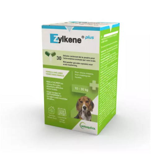 Zylkene Plus calming supplement for medium dogs (10-30kg) in a 30-capsule box. Promotes relaxation and stress relief.