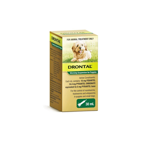 Drontal Worming Suspension for Puppies, 30mL, effective treatment for roundworms and hookworms.