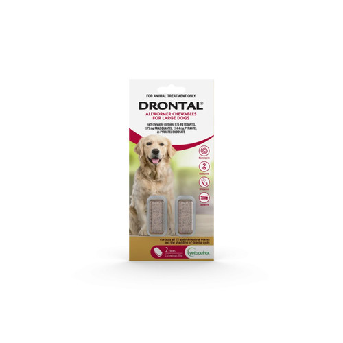 Drontal Allwormer Chews for dogs up to 35 kg - 2 pack for effective intestinal parasite treatment.