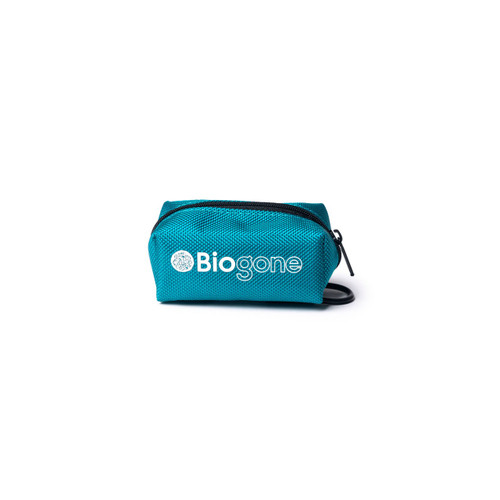 Biogone teal dog poo bag dispenser for convenient waste management on walks.