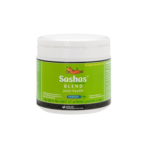 Sashas Blend Powder 250g for joint health in dogs, supports relief from arthritis symptoms.