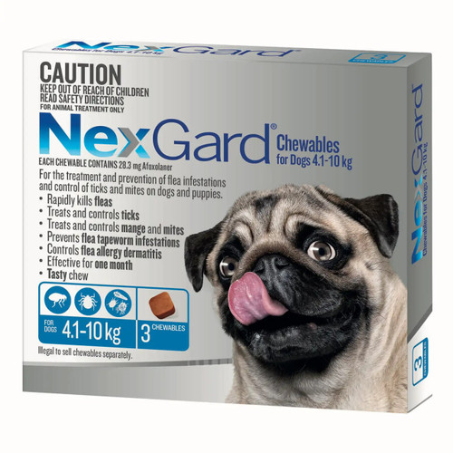 NexGard Chewables for Dogs 4.1-10kg - Blue, effective flea and tick treatment in tasty chewable form.