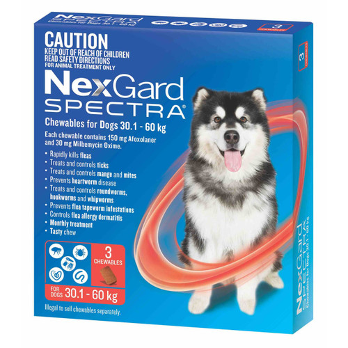 NexGard Spectra chewables for extra large dogs (30.1-60kg) in red, effective flea and tick treatment.