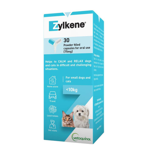 Zylkene 75mg Nutritional Supplement for Dogs and Cats - 30 Capsules for calming in stressful situations.
