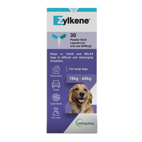 Zylkene Nutritional Supplement for Dogs 450mg, 30 capsules, promotes calmness during travel and stressful situations.