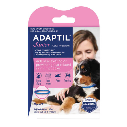 ADAPTIL Junior Calming Collar for Puppies, reduces fear and anxiety from loud noises and new environments.