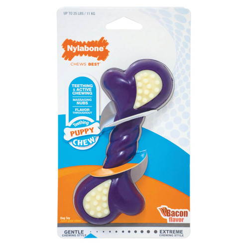 Nylabone Puppy Double Action Chew Toy for teething and active chewing, featuring bacon flavor and massaging nubs.