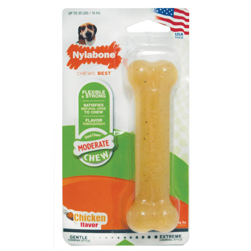 Nylabone Moderate Chew Toy in chicken flavor, ideal for dogs weighing up to 35 lbs. Durable and satisfying for chewing.