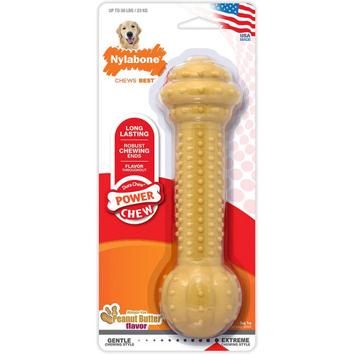 Nylabone Barbell Power Chew Durable Dog Toy for large dogs with peanut butter flavor. Long-lasting chew.