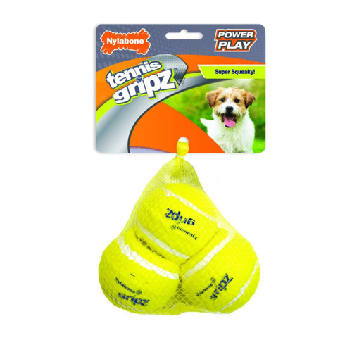 Nylabone Power Play Dog Tennis Ball Gripz 3 pack for small dogs, super squeaky and durable fun.