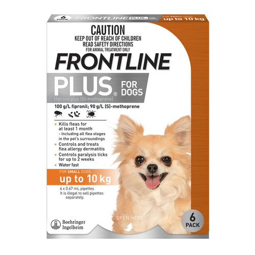 Frontline Plus for Small Dogs up to 10kg - effective flea and tick treatment in a 6-pack.