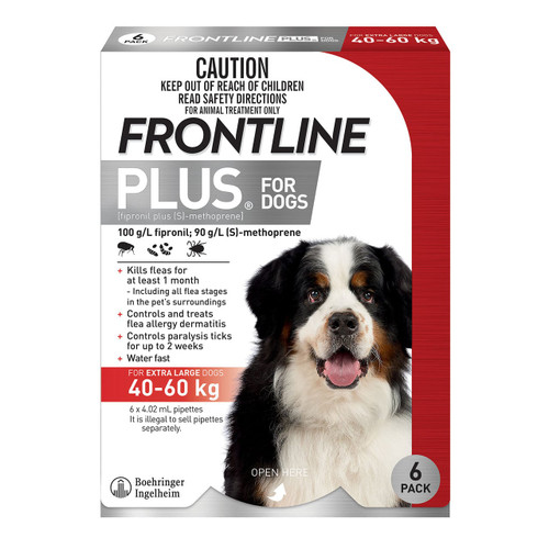Frontline Plus for Extra Large Dogs (40-60kg) - 6 pipettes for flea and tick prevention.