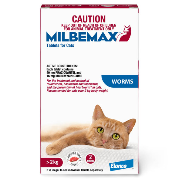 Milbemax Allwormer for cats over 2kg - 2 tablets for effective worm treatment.