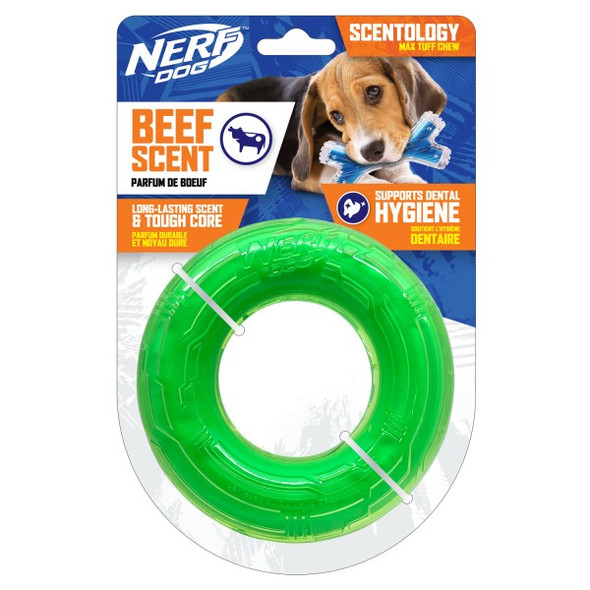 Nerf Tuff Rubber Nylon Plush Bone Ploy Filled Dog Toy - Green/blue