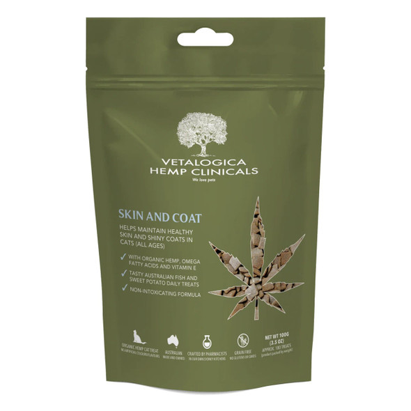 Vetalogica Hemp Clinicals Skin & Coat Treats for Cats 100g, supports healthy skin and shiny coats with natural ingredients.