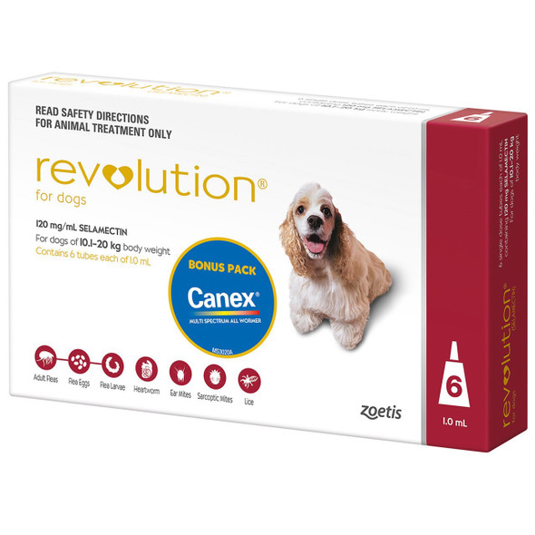 Revolution for Dogs 10.1-20 kg - Red with Bonus Canex Worming Tablets