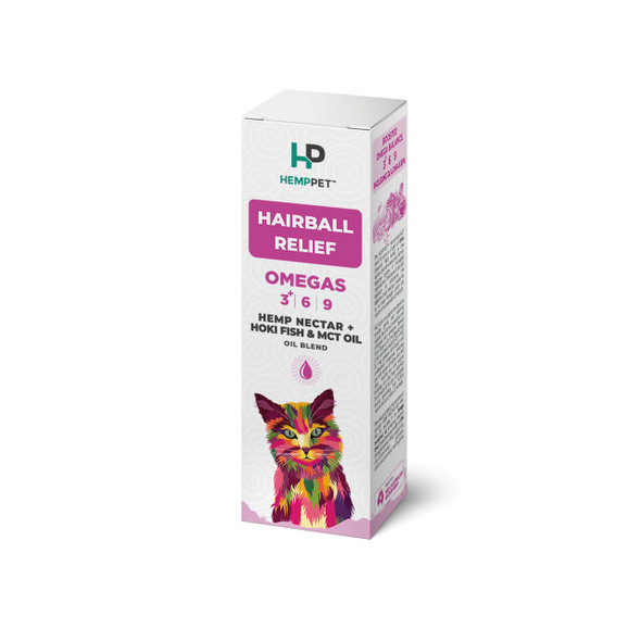 HempPet Hairball Relief Oil Blend for Cats - 100ml with Hemp, Hoki Fish, and MCT Oil for healthy digestion.