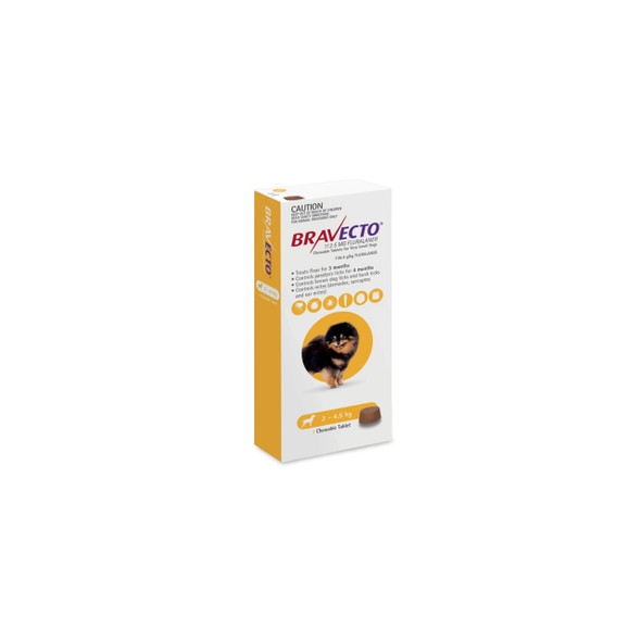 Bravecto Flea and Tick Chew for Dogs 2-4.5 kg - Yellow 1 Chew packaging with dog image.