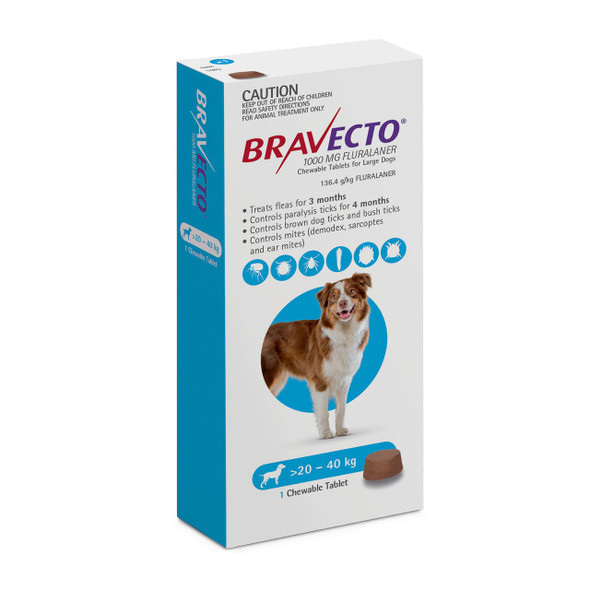 Bravecto Flea and Tick Chew for Dogs 20-40 kg - Blue, 1 chew for effective flea and tick prevention.