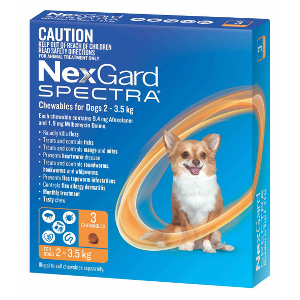 NexGard Spectra chewables for very small dogs (2-3.5kg) in orange packaging, effective flea and tick treatment.