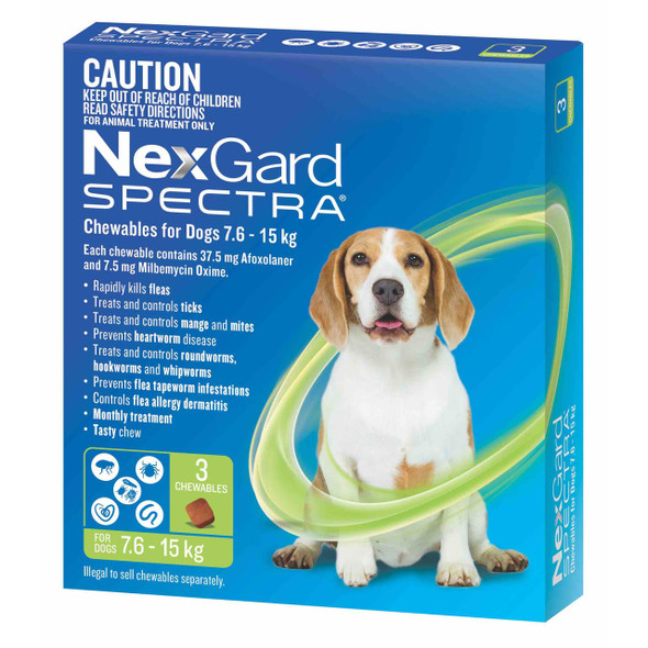 NexGard Spectra chewables for medium dogs 7.6-15kg, effective against fleas, ticks, and parasites. Tasty green formula.