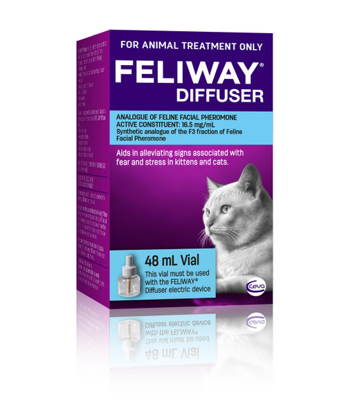 Feliway Refill 48ml box - A cardboard box featuring the Feliway logo and product name on the front, containing a 48ml refill bottle of Feliway cat pheromone spray.