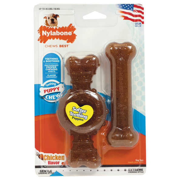 Nylabone Puppy Chew Twin Pack: ring & bone, chicken flavor, ideal for teething puppies.