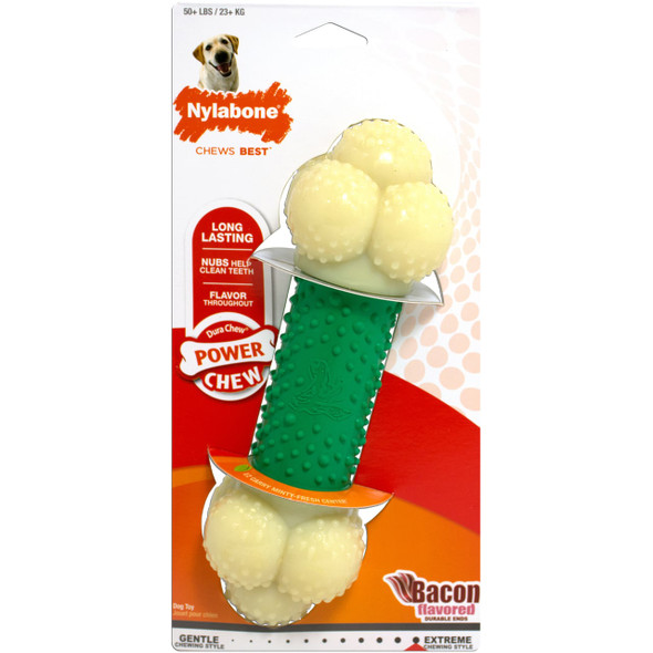 Nylabone Power Chew Double Action Chew Toy Souper for tough chewers, featuring a bacon flavor and durable design.