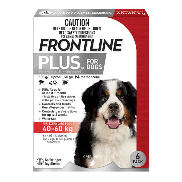 Frontline Plus for Extra Large Dogs (40-60kg) - 6 pipettes for flea and tick prevention.